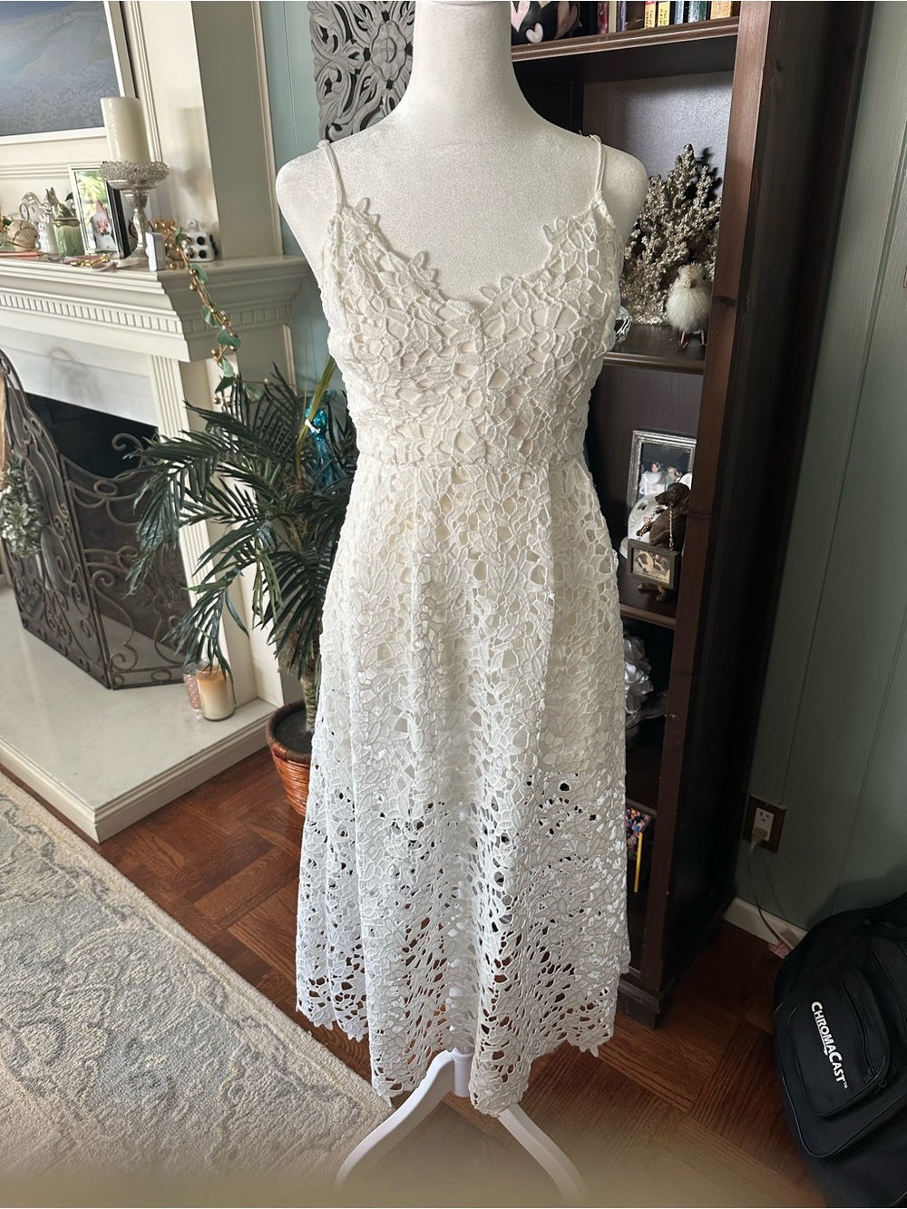 Astr White Floral Lace Midi Dress with Spaghetti Straps
